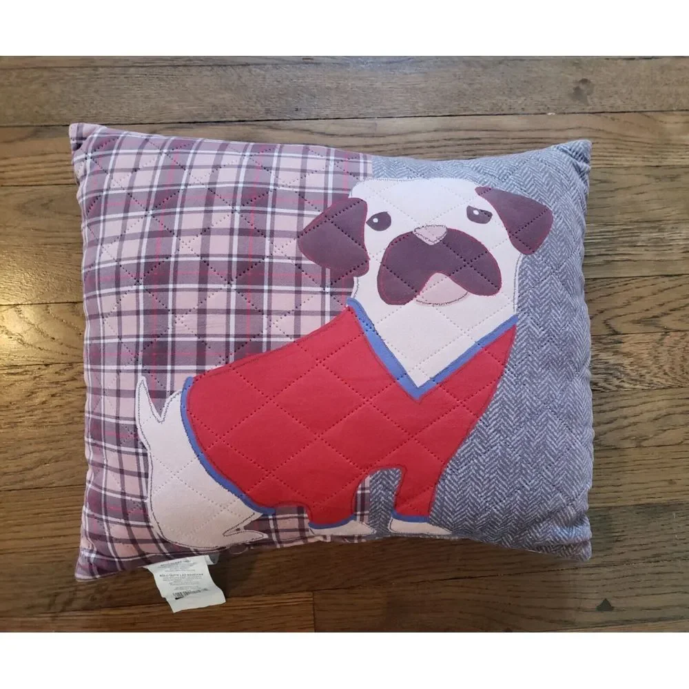 Dog Pillow Pug‎ Quilted Plaid 18 x 15 Decor Herringbone Canine Soft Plush Throw